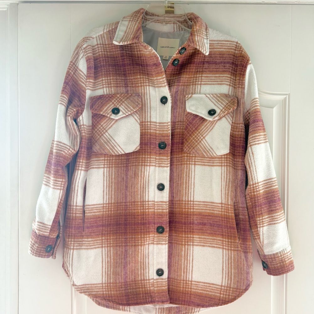 Thread & Supply Carmel Plaid slightly oversized relaxed fit shacket - Picture 3 of 5